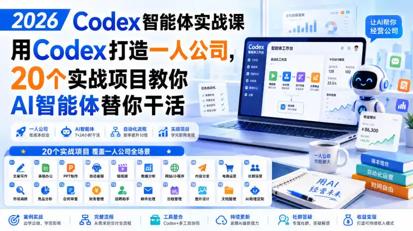 初创源码资源站 2026 Codex智能体实战课用Codex打造一人公司20个实战项目教你AI智能体替你干活
