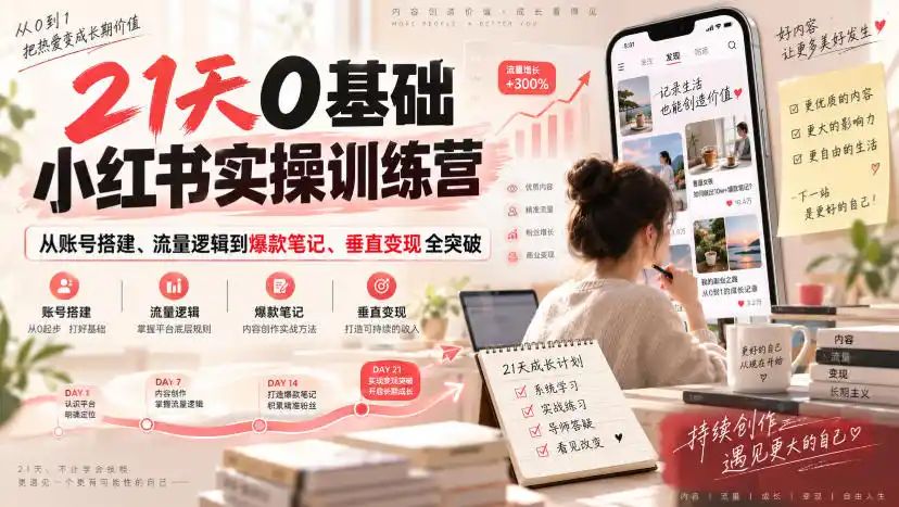 初创源码资源站 21天0基础小红书实操训练营|从账号搭建流量逻辑到爆款笔记垂直变现全突破