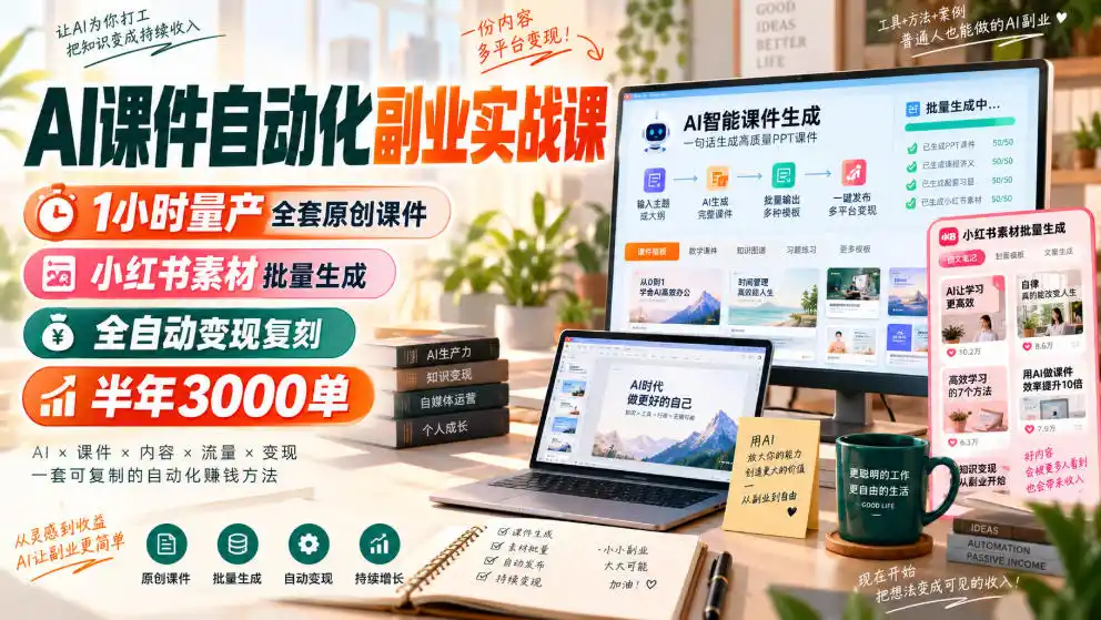 初创源码资源站 AI课件自动化副业实战课1小时量产全套原创课件小红书素材批量生成全自动变现复刻半年3000单