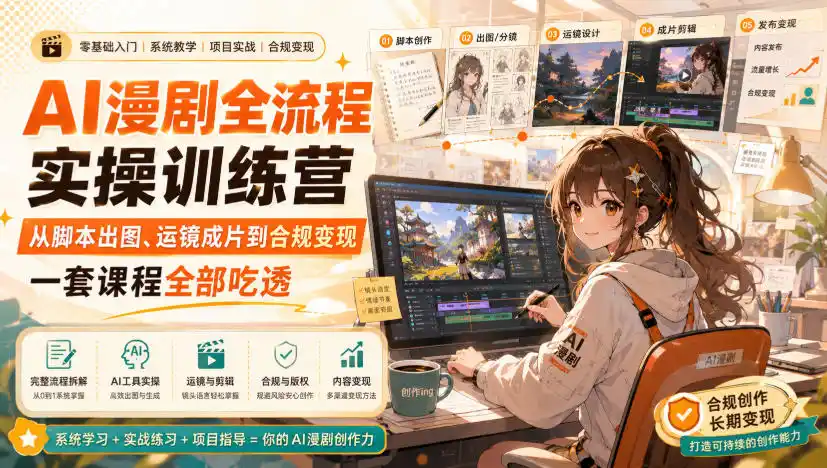 初创源码资源站 AI漫剧全流程实操训练营从脚本出图运镜成片到合规变现一套课程全部吃透