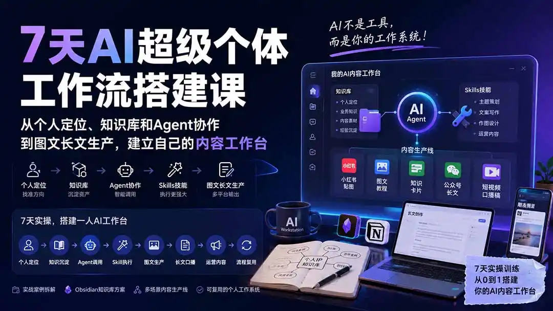 7天AI超级个体工作流搭建课：从个人定位、知识库和Agent协作到图文长文生产，建立自己的内容工作台-初创源码资源站