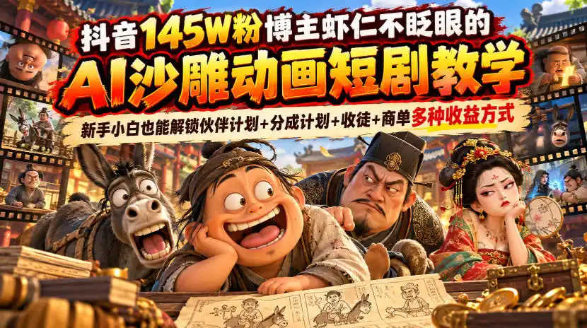 初创源码资源站 抖音145W粉博主虾仁不眨眼的AI沙雕动画短剧教学新手小白也能解锁伙伴计划+分成计划+收徒+商单多种收益方式