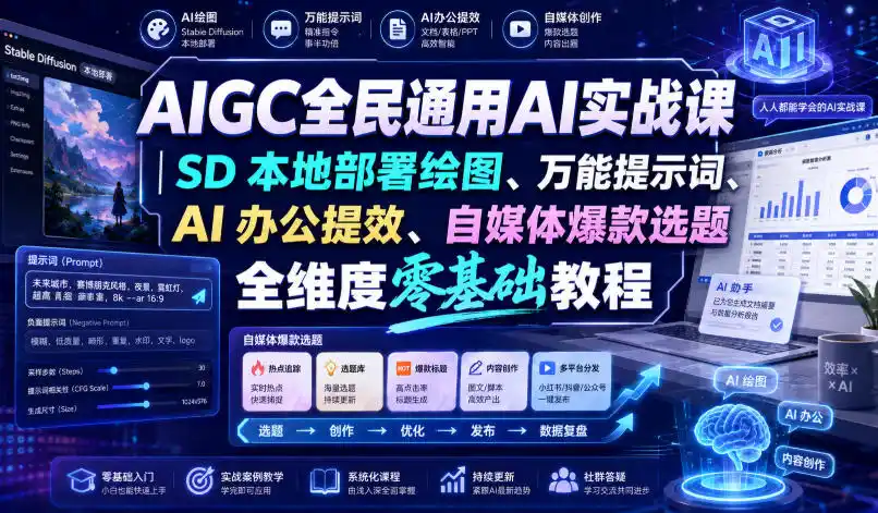AIGC全民通用AI实战课｜SD本地部署绘图、万能提示词、AI办公提效、自媒体爆款选题全维度零基础教程-初创源码资源站