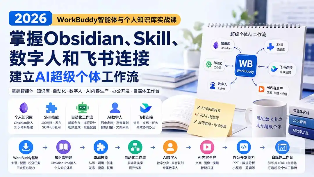 2026 WorkBuddy智能体与个人知识库实战课：掌握Obsidian、Skill、数字人和飞书连接，建立AI超级个体工作流-初创源码资源站