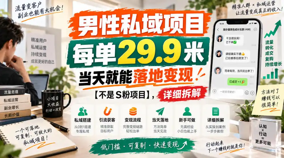 初创源码资源站 男性私域项目每单299米当天就能落地变现不是S粉项目详细拆解
