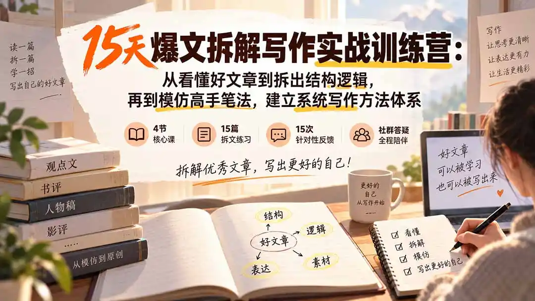 15天爆文拆解写作实战训练营：从看懂好文章到拆出结构逻辑，再到模仿高手笔法，建立系统写作方法体系-初创源码资源站