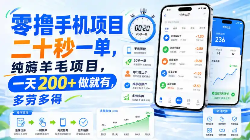 零撸手机项目，二十秒一单，纯薅羊毛项目，一天200+做就有，多劳多得【揭秘】 - 初创源码资源站-初创源码资源站