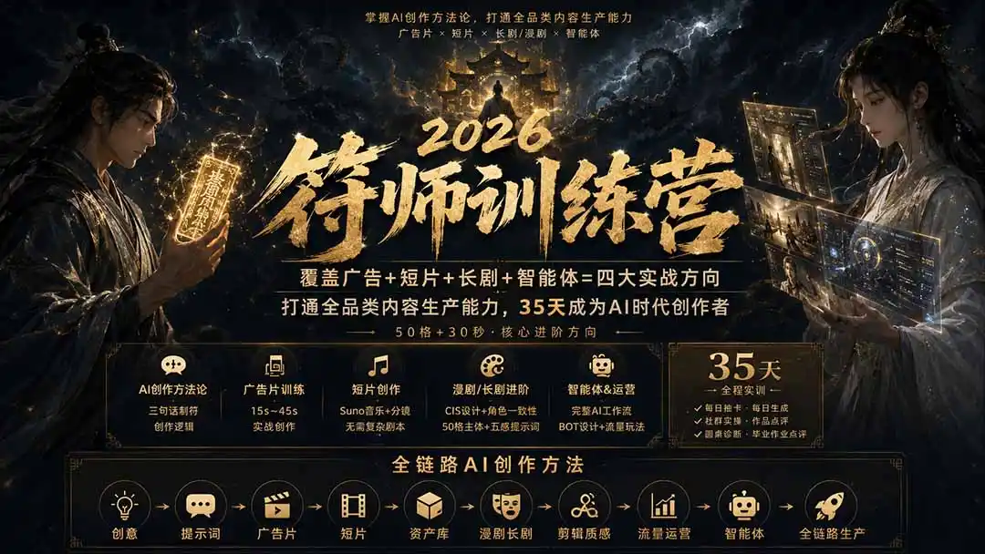 符师训练营-35天成为AI时代创作者，广告+短片+漫剧+智能体四大实战方向，掌握从创意到上线的完整工作流-初创源码资源站