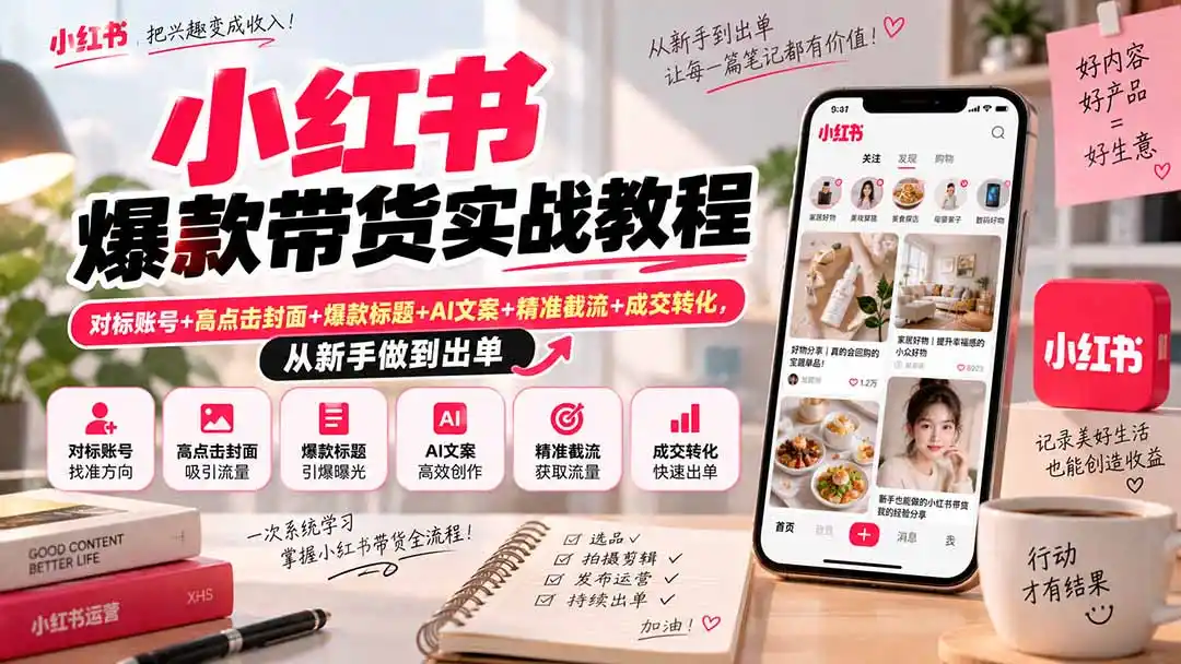小红书爆款带货实战教程｜对标账号+高点击封面+爆款标题+AI文案+精准截流+成交转化，从新手做到出单-初创源码资源站