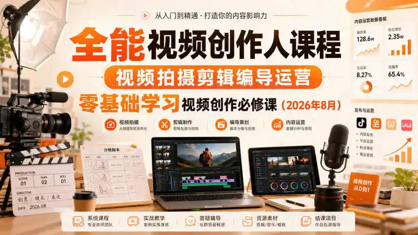 全能视频创作人课程，视频拍摄剪辑编导运营，零基础学习视频创作必修课(2026年8月)-初创源码资源站