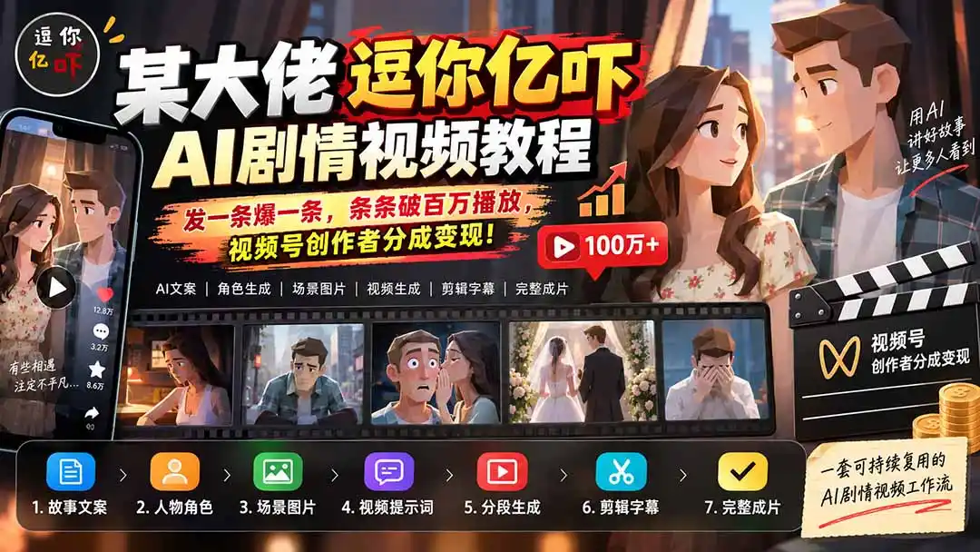 某大佬逗你亿吓AI低模剧情视频制作教程：发一条爆一条，条条破百万播放，利用视频号创作者分成变现!-初创源码资源站