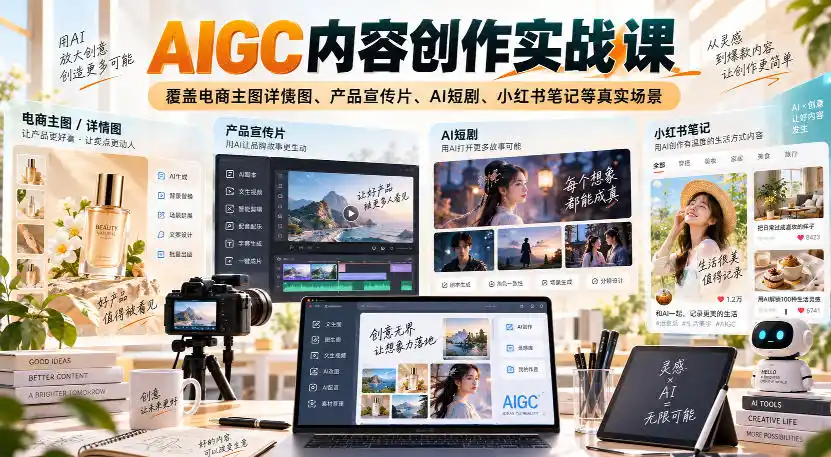 AIGC内容创作实战课，覆盖电商主图详情图、产品宣传片、AI短剧、小红书笔记等真实场景-初创源码资源站