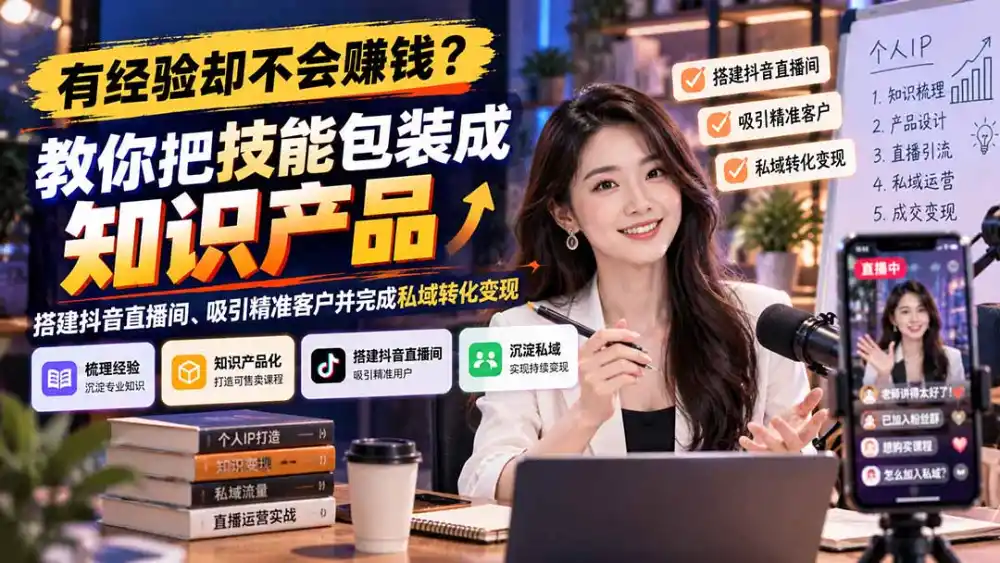 有经验却不会赚钱？教你把技能包装成知识产品，搭建抖音直播间、吸引精准客户并完成私域转化变现-初创源码资源站