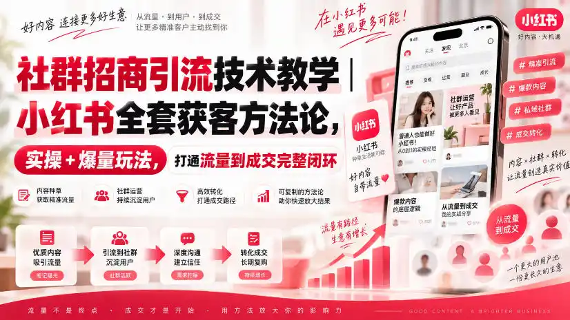 社群招商引流技术教学｜小红书全套获客方法论，实操+爆量玩法，打通流量到成交完整闭环-初创源码资源站