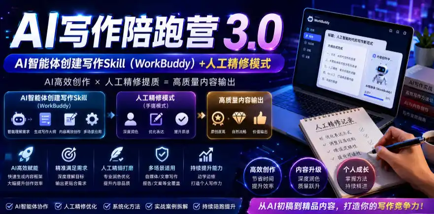 初创源码资源站 AI写作陪跑营30Ai智能体创建写作skillworkbuddy+人工手写模式手搓模式去除AI痕迹头条号公众号百家号更新0814