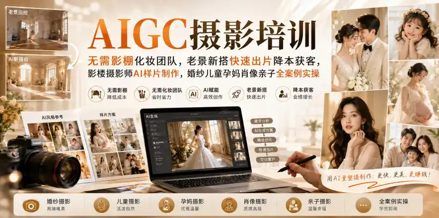 AIGC摄影培训｜无需影棚化妆团队，老景新搭快速出片降本获客，影楼摄影师AI样片制作，婚纱儿童孕妈肖像亲子全案例实操-初创源码资源站