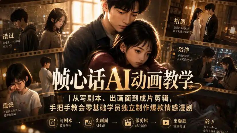 帧心话AI动画教学｜从写剧本、出画面到成片剪辑，手把手教会零基础学员独立制作爆款情感漫剧-初创源码资源站
