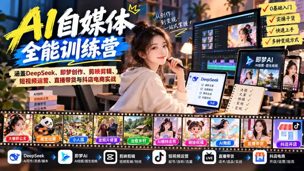 【无水印】AI+自媒体全能训练营：涵盖DeepSeek、即梦创作、剪映剪辑、短视频运营、直播带货与抖店电商实战-初创源码资源站