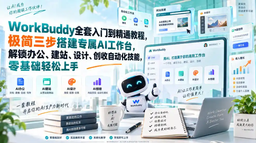 WorkBuddy全套入门到精通教程，极简三步搭建专属AI工作台，解锁办公、建站、设计、创收自动化技能，零基础轻松上手-初创源码资源站