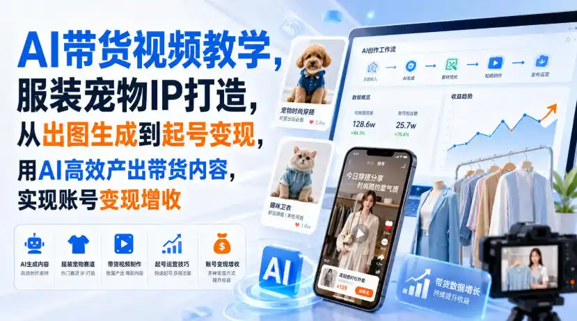 初创源码资源站 AI带货视频教学服装宠物IP打造从出图生成到起号变现用AI高效产出带货内容实现账号变现增收