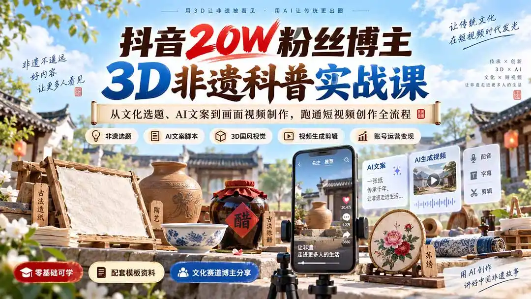 抖音20W粉丝博主3D非遗科普实战课：从文化选题、AI文案到画面视频制作，跑通短视频创作全流程-初创源码资源站