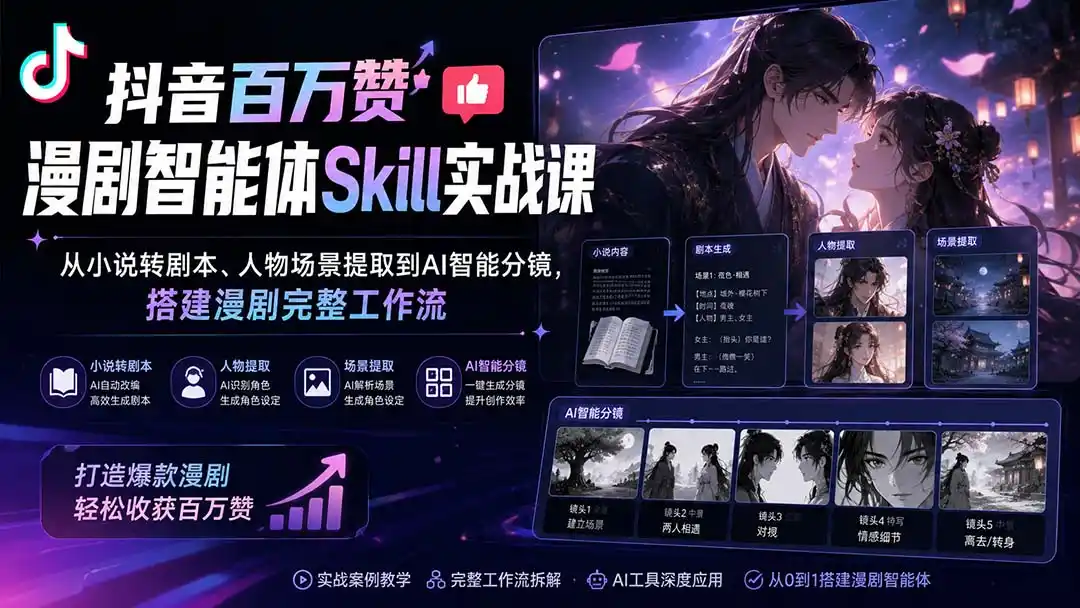 抖音百万赞漫剧智能体Skill实战课：从小说转剧本、人物场景提取到AI智能分镜，搭建漫剧完整工作流-初创源码资源站