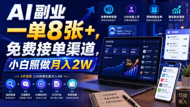 AI副业一单8张+，免费接单渠道，小白照做月入2W【揭秘】-初创源码资源站