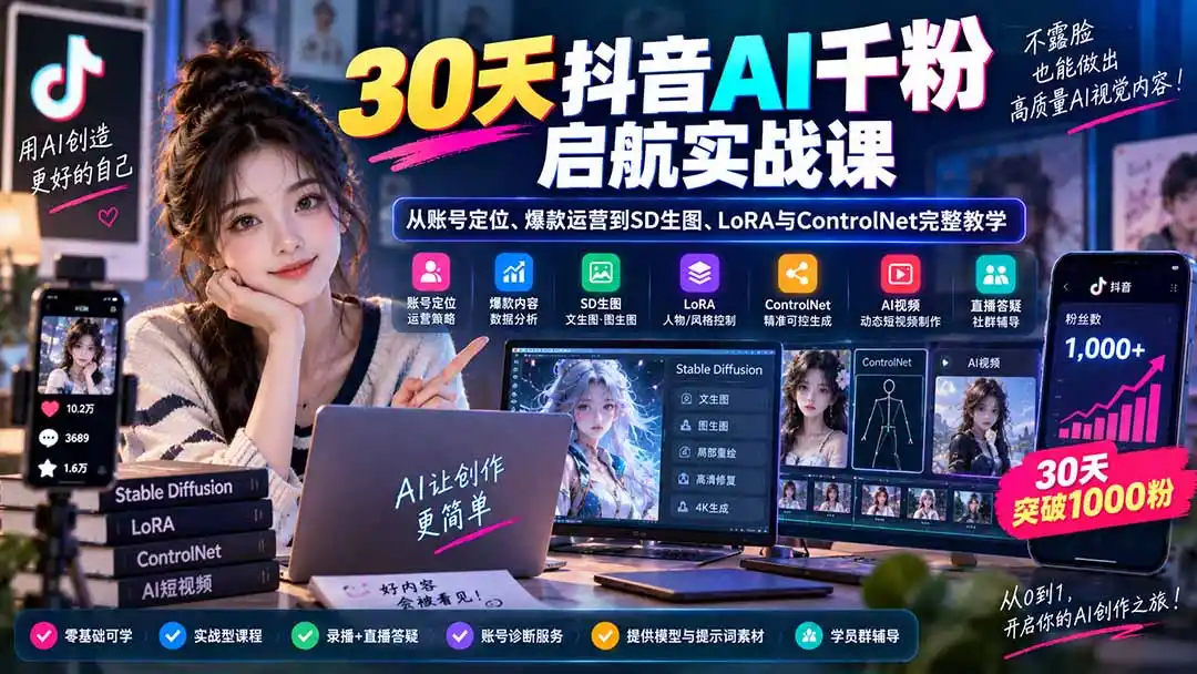30天抖音AI千粉启航实战课：从账号定位、爆款运营到SD生图、LoRA与ControlNet完整教学-初创源码资源站