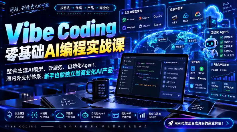 初创源码资源站 Vibe Coding零基础AI编程实战课 无水印整合主流AI模型云服务自动化Agent海内外支付体系新手也能独立做商业化AI产品