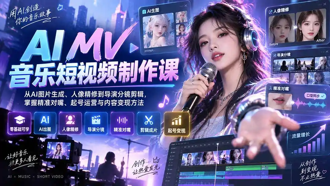 AI MV音乐短视频制作课：从AI图片生成、人像精修到导演分镜剪辑，掌握精准对嘴、起号运营与内容变现方法-初创源码资源站