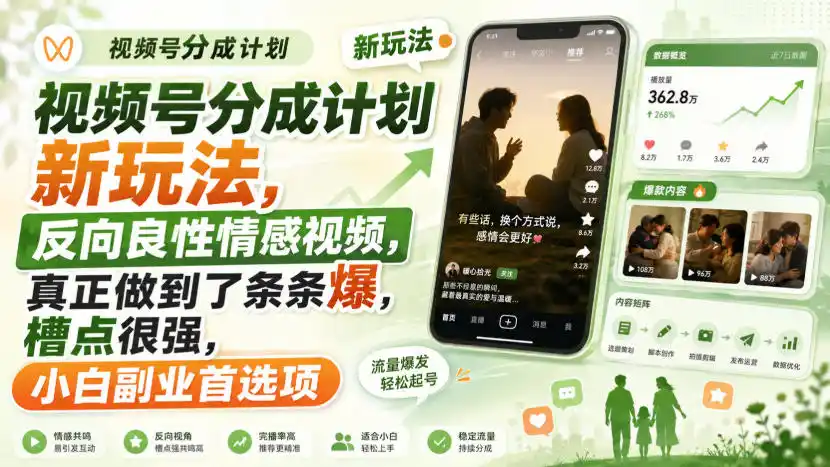 视频号分成计划新玩法，反向良性情感视频，真正做到了条条爆，槽点很强，小白副业首选项-初创源码资源站
