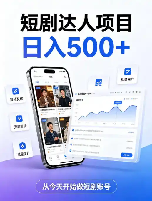 初创源码资源站 短剧达人项目日入500+普通人的创业计划低门槛开启线上副业新机遇揭秘