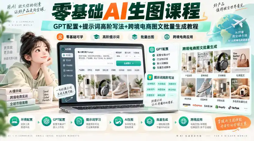零基础AI生图课程，GPT配置+提示词高阶写法+跨境电商图文批量生成教程-初创源码资源站