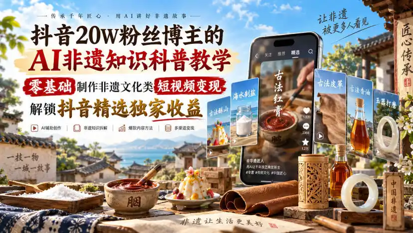 初创源码资源站 抖音20W粉丝博主的AI非遗知识科普教学零基础制作非遗文化类短视频变现解锁抖音精选独家收益