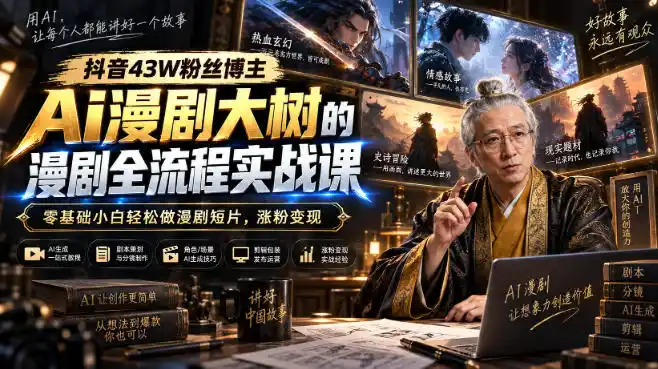 抖音43W粉丝博主Ai漫剧大树的漫剧制作全流程实战课，零基础小白轻松做漫剧短片，涨粉变现-初创源码资源站