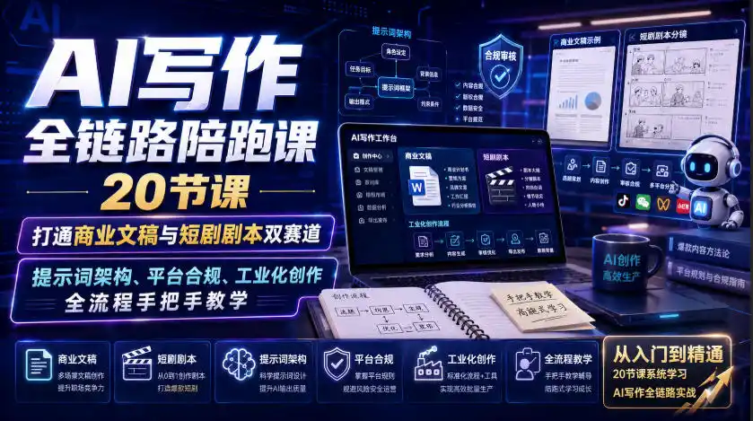 初创源码资源站 AI写作全链路陪跑课|20节课打通商业文稿与短剧剧本双赛道提示词架构平台合规工业化创作全流程手把手教学