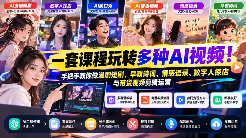 【无水印】一套课程玩转多种AI视频！手把手教你做漫剧短剧、早教诗词、情感语录、数字人探店与带货视频剪辑运营-初创源码资源站