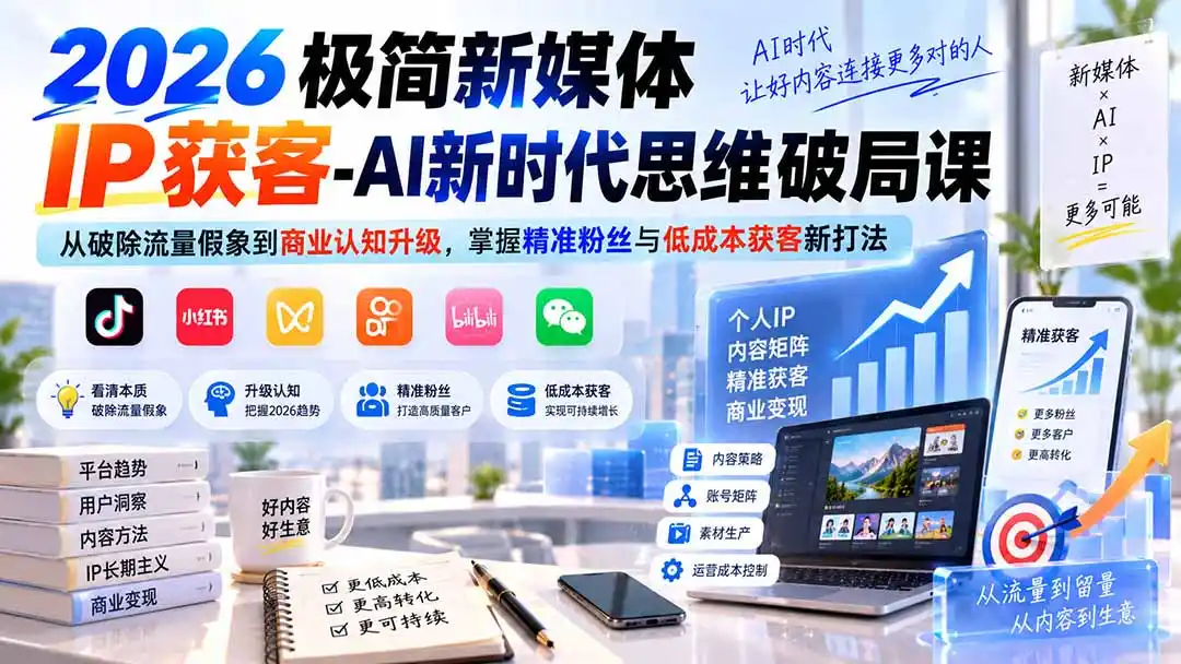 2026极简新媒体IP获客-AI新时代思维破局课：从破除流量假象到商业认知升级，掌握精准粉丝与低成本获客新打法-初创源码资源站