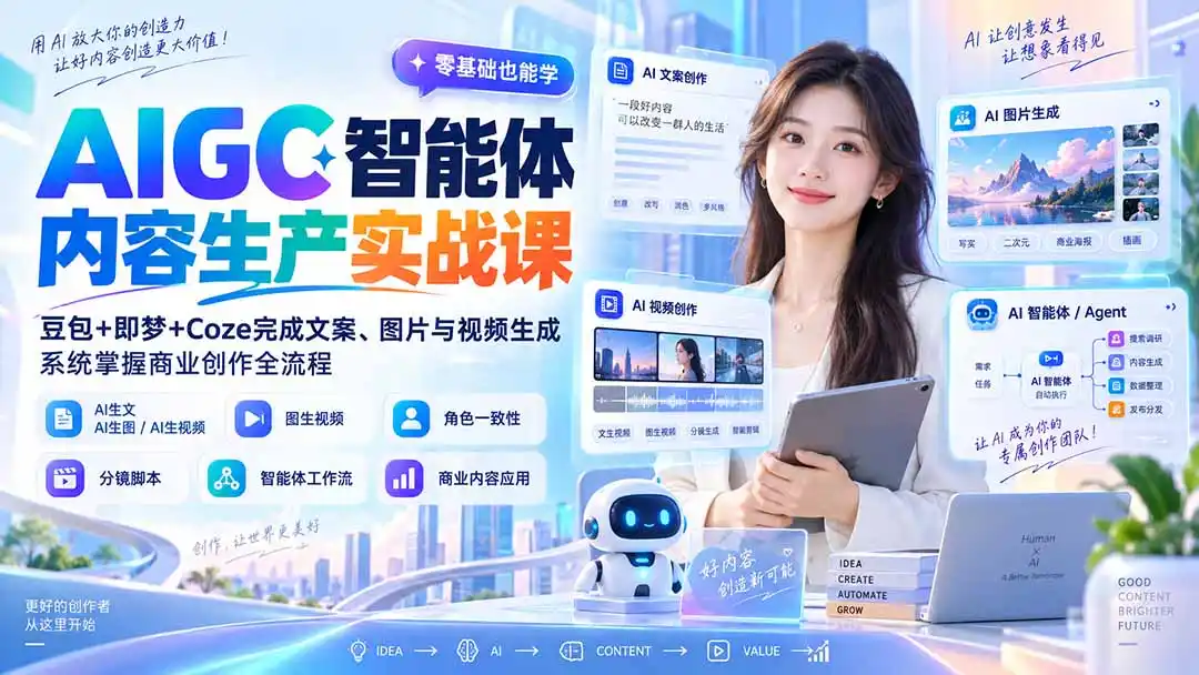 AIGC智能体内容生产实战课：豆包+即梦+Coze完成文案、图片与视频生成，系统掌握商业创作全流程-初创源码资源站