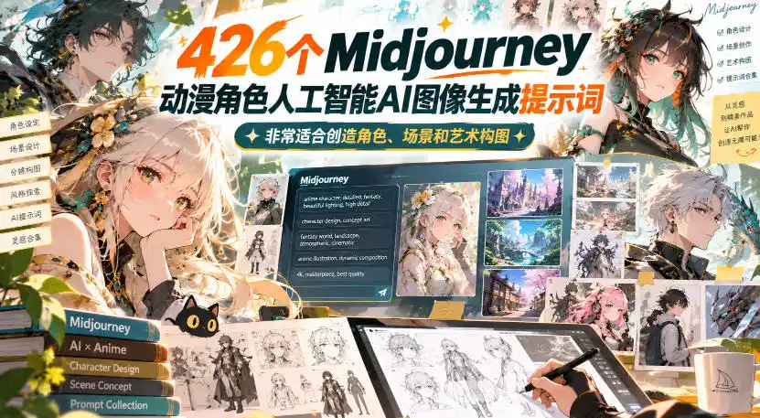426个Midjourney动漫角色人工智能AI图像生成提示词，非常适合创造角色、场景和艺术构图-初创源码资源站
