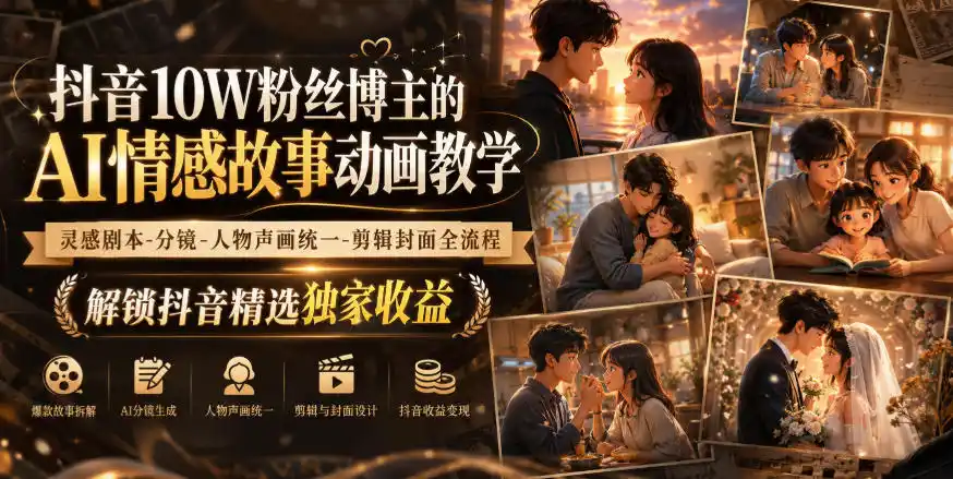 抖音10W粉丝博主的AI情感故事动画教学，灵感剧本‑分镜‑人物声画统一‑剪辑封面全流程，解锁抖音精选独家收益-初创源码资源站