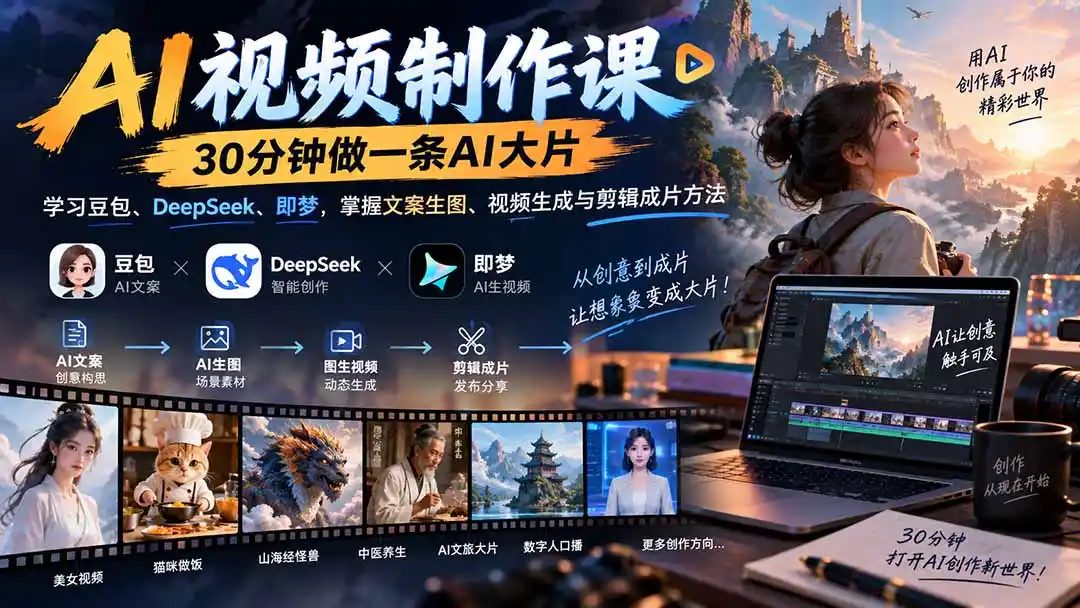 AI视频制作课-30分钟做一条AI大片：学习豆包、DeepSeek、即梦，掌握文案生图、视频生成与剪辑成片方法-初创源码资源站