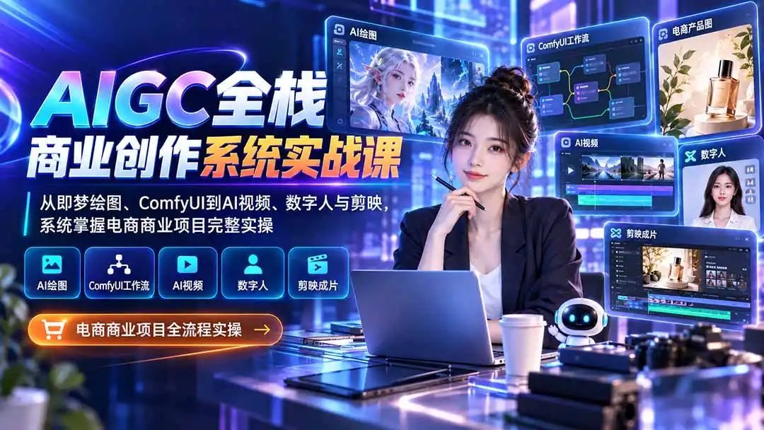 AIGC全栈商业创作系统实战课：从即梦绘图、ComfyUI到AI视频、数字人与剪映，系统掌握电商商业项目完整实操-初创源码资源站