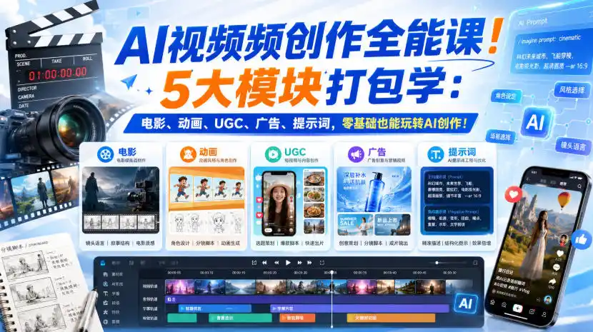 AI视频频创作全能课！5大模块打包学：电影、动画、UGC、广告、提示词，零基础也能玩转AI创作！【原创双语字幕】-初创源码资源站