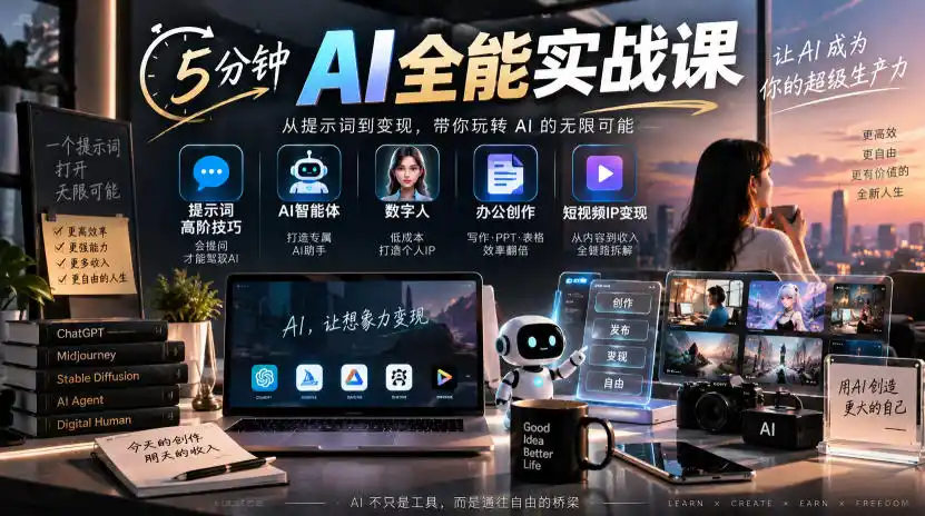 初创源码资源站 5分钟AI全能实战课|提示词高阶技巧+AI智能体+数字人+办公创作+短视频IP变现全教程
