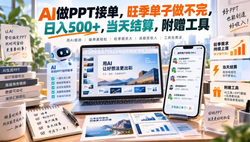 初创源码资源站 AI做PPT接单旺季单子做不完日入500+当天结算附赠工具揭秘