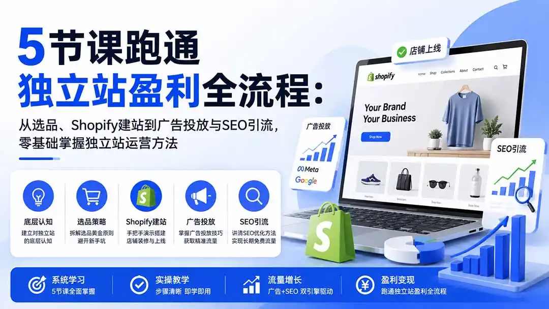 5节课跑通独立站盈利全流程：从选品、Shopify建站到广告投放与SEO引流，零基础掌握独立站运营方法-初创源码资源站