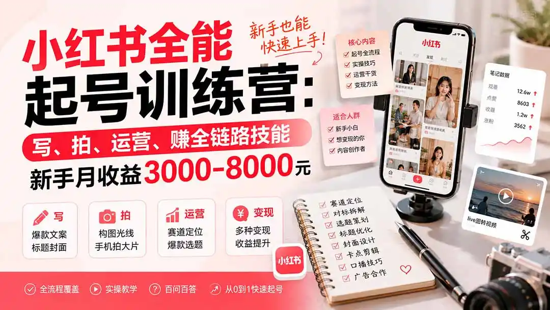 小红书全能起号训练营-更新：写、拍、运营、赚全链路技能，新手月收益3000-8000元-初创源码资源站