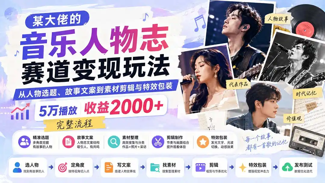 某大佬的音乐人物志赛道变现玩法：从人物选题、故事文案到素材剪辑与特效包装，5万播放收益2000+完整流程-初创源码资源站
