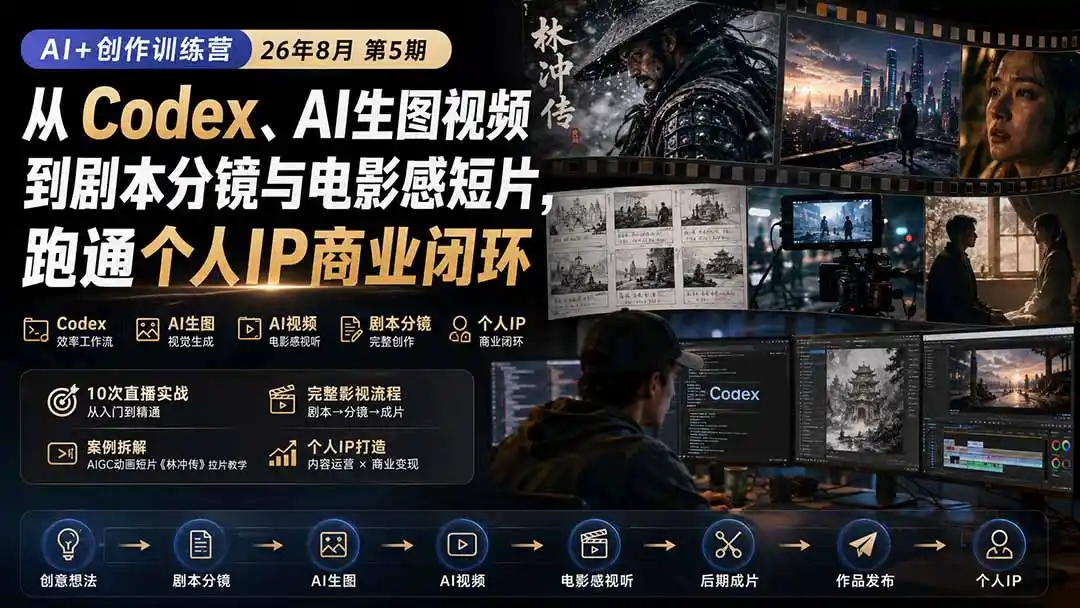 AI+创作训练营26年8月第5期：从Codex、AI生图视频到剧本分镜与电影感短片，跑通个人IP商业闭环-初创源码资源站
